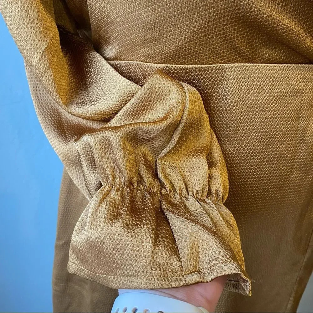 Lulu’s 4SI3NNA Brielle Bronze Satin Long Sleeve Midi Dress in Bronze Copper - Picture 11 of 14